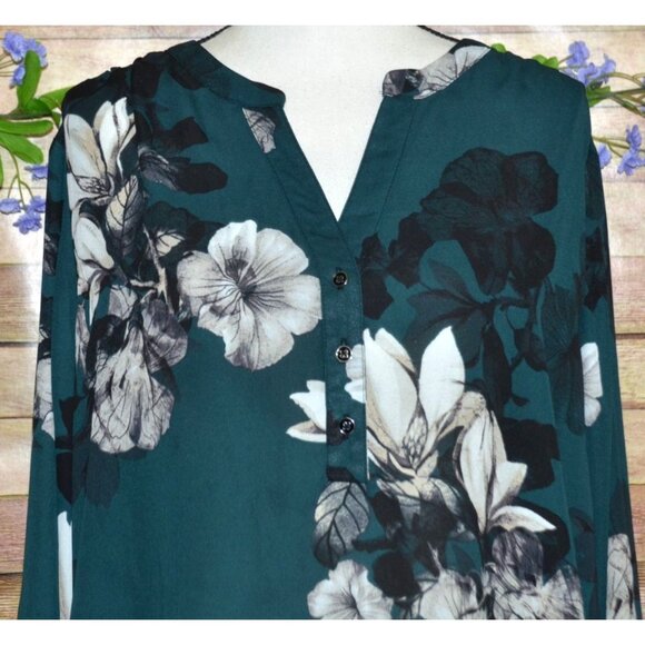Zac & Rachel Womens Green Floral V-Neck Blouse Plus Size 2X Long Roll Tab Sleeve - Picture 2 of 12